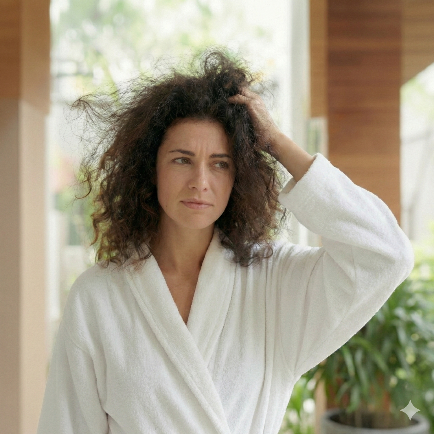 Una donna con espressione infastidita e capelli ricci molto crespi ed elettrizzati, che indossa un accappatoio bianco in un ambiente luminoso tipo spa.