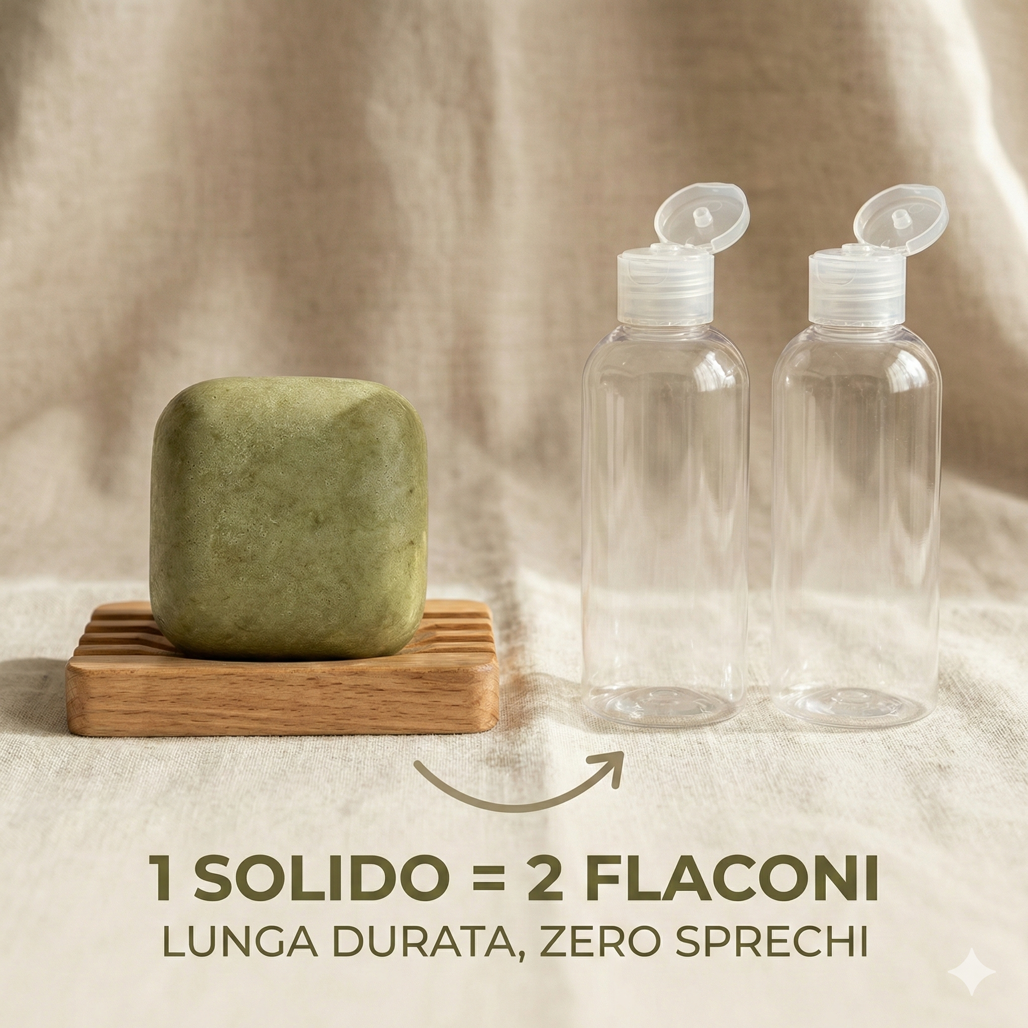 Confronto visivo: uno shampoo solido verde Solidcare su portasapone in legno accanto a due flaconi di plastica vuoti, dimostrazione di lunga durata e zero sprechi."