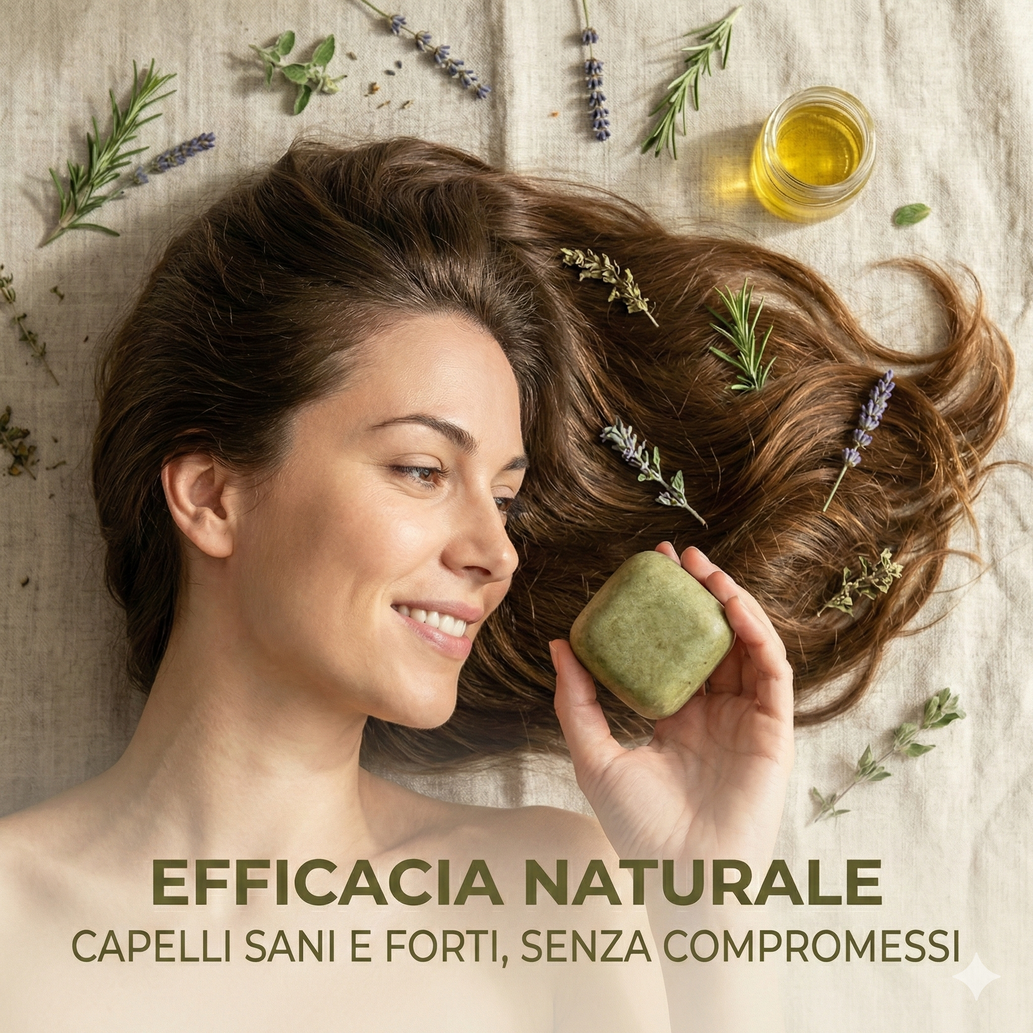 Viso di donna sorridente con capelli castani sani e luminosi distesa su lino naturale, tiene in mano uno shampoo solido verde texturizzato circondata da erbe officinali