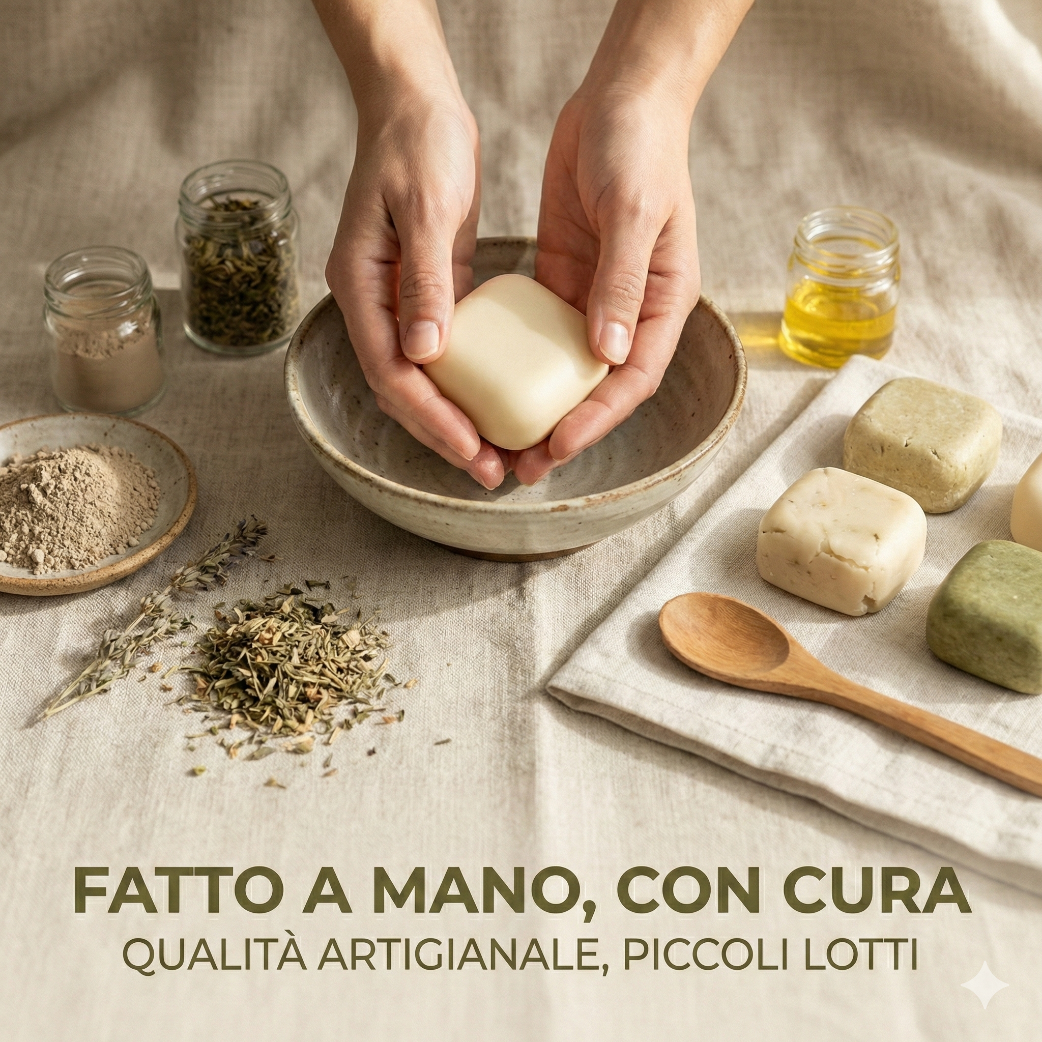 Mani artigiane mostrano uno shampoo solido color crema appena lavorato, circondato da ingredienti naturali e oli in ciotole di ceramica. Produzione in piccoli lotti di alta qualità.